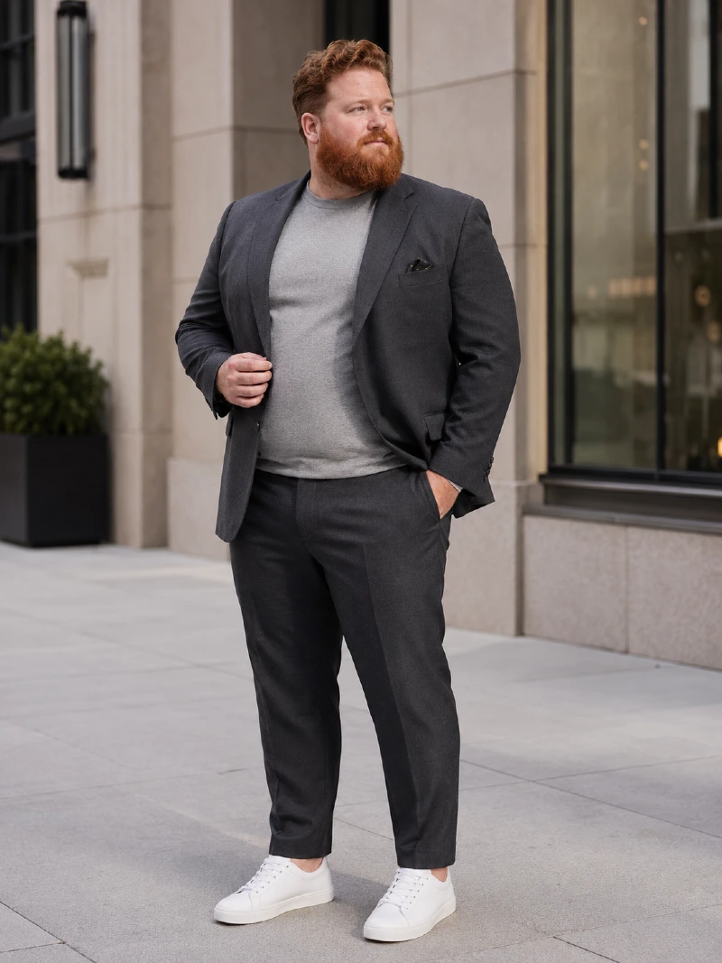 Dark Charcoal Suit with Light Gray T-Shirt and White Sneakers