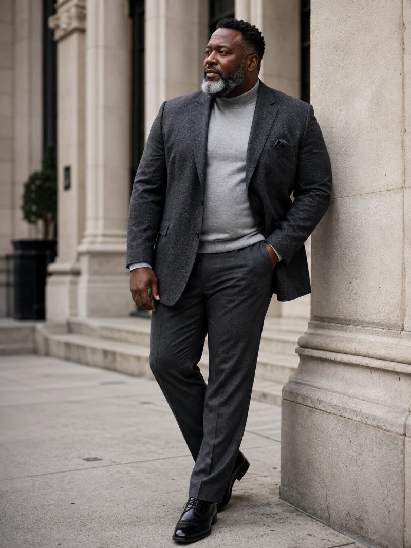 Dark Charcoal Suit with Light Gray Turtleneck and Black Dress Shoes