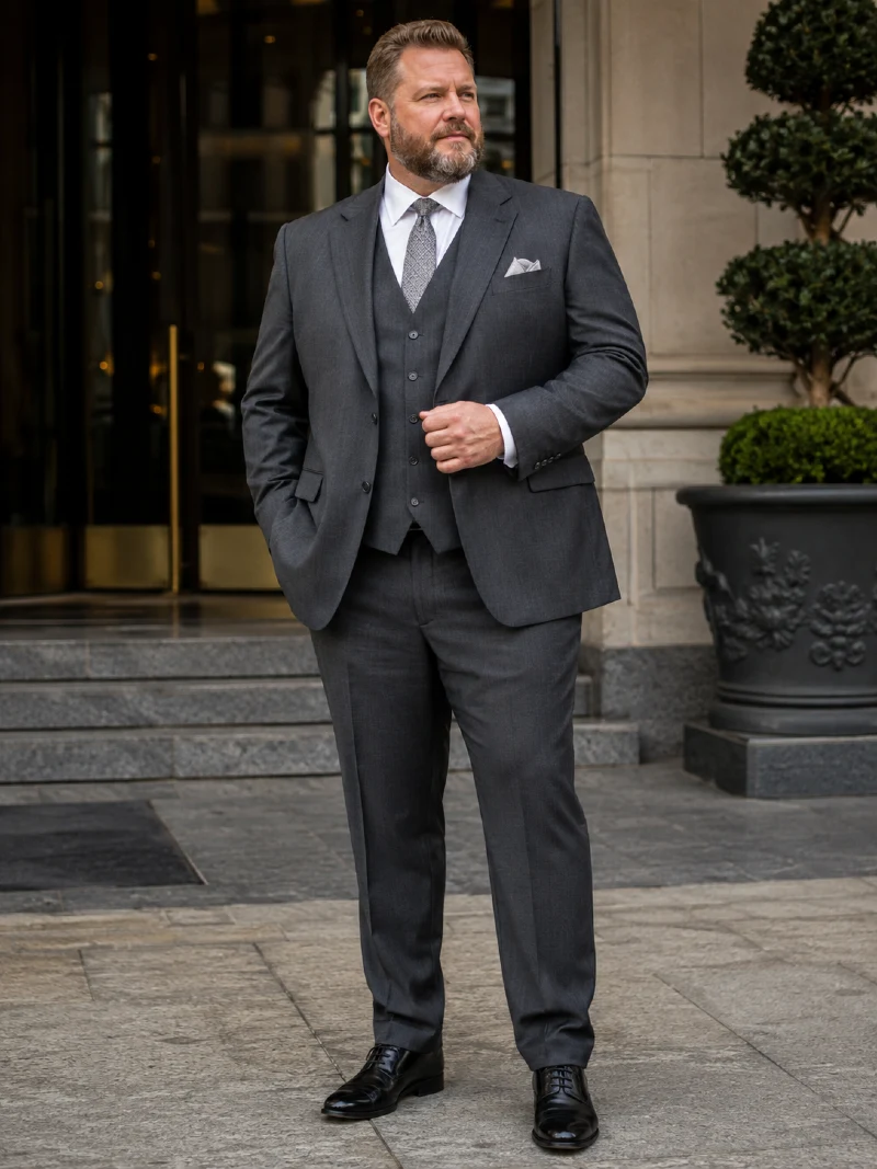 Dark Charcoal Three-Piece Suit with Patterned Tie and Black Dress Shoes