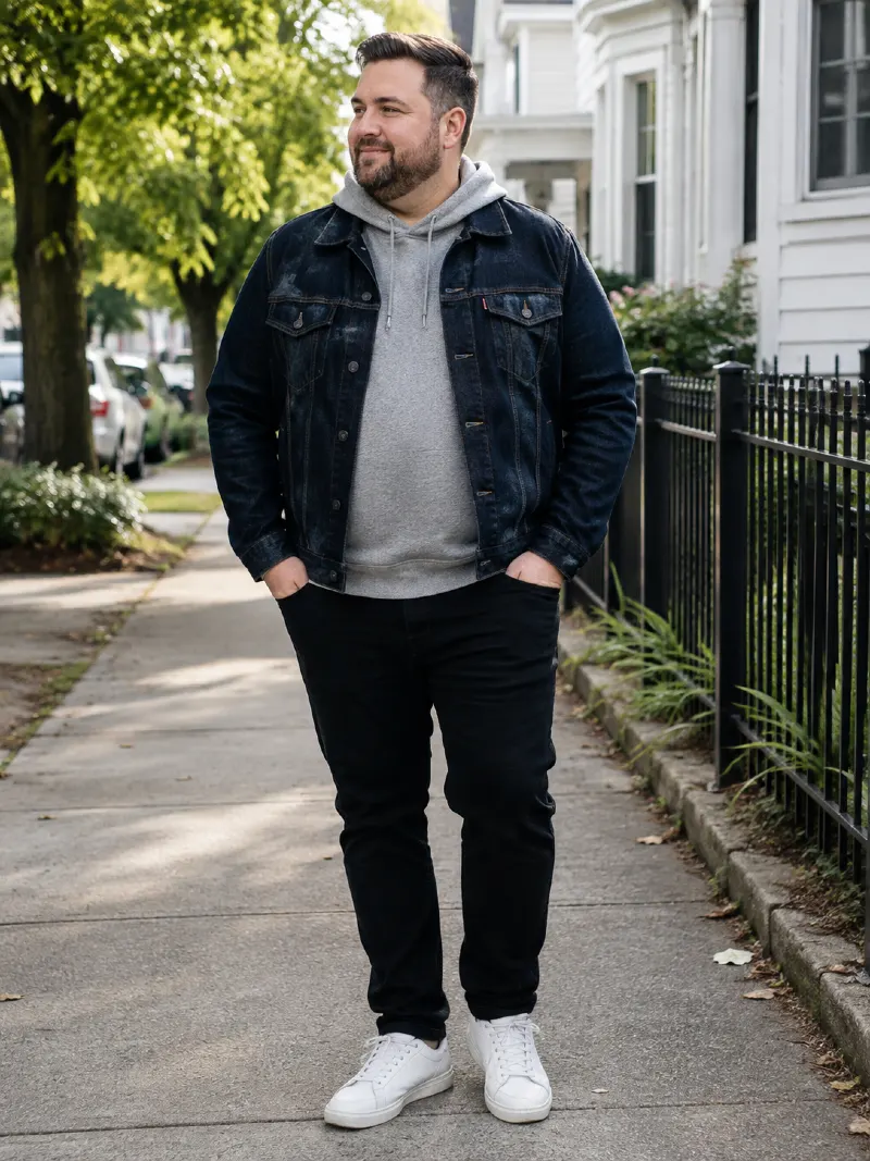 Dark Denim Jacket & Grey Hoodie