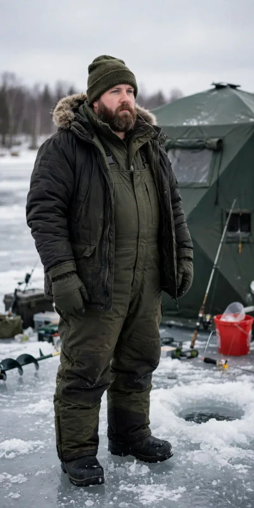 Dark Fur Lined Parka Over Earthy Green Bibs
