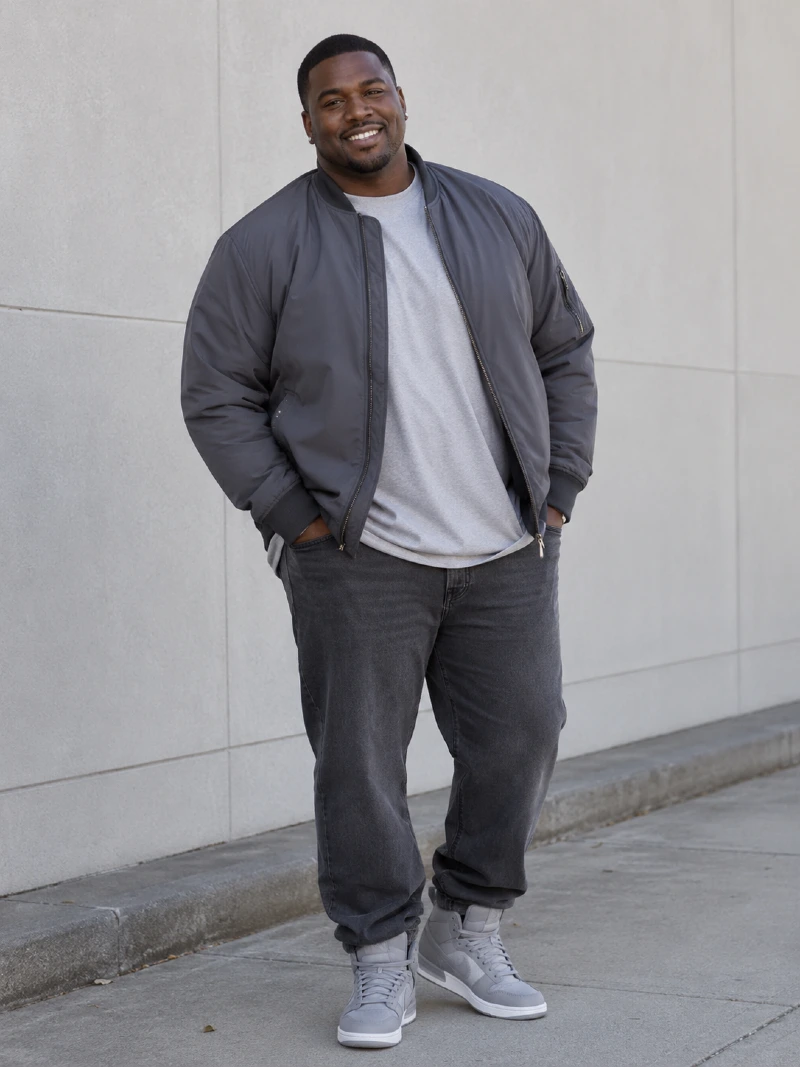 Dark Gray Bomber Jacket with Gray T-Shirt and Charcoal Jeans