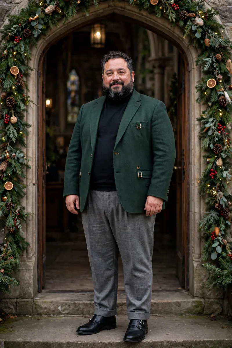 Dark Green Blazer with Black Mock Neck Sweater, Grey Trousers, and Black Double Monk Strap Shoes