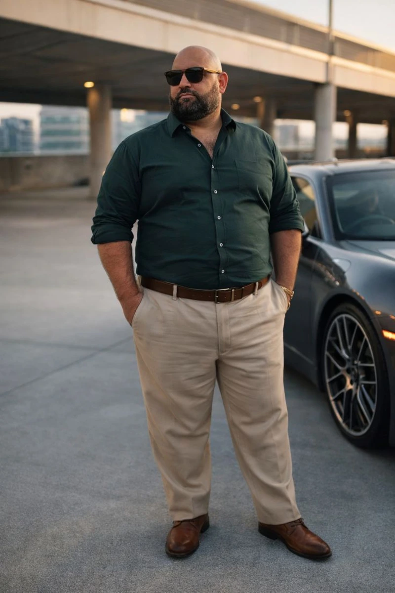 Dark Green Dress Shirt and Beige Trousers
