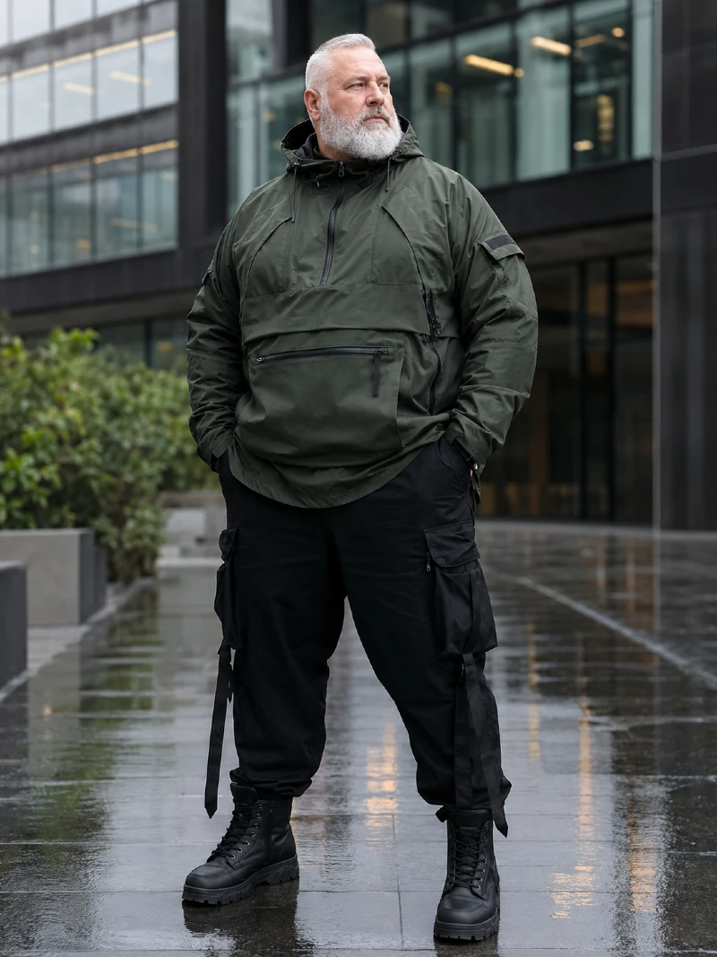 Dark Green Hooded Anorak and Black Tactical Cargo Pants