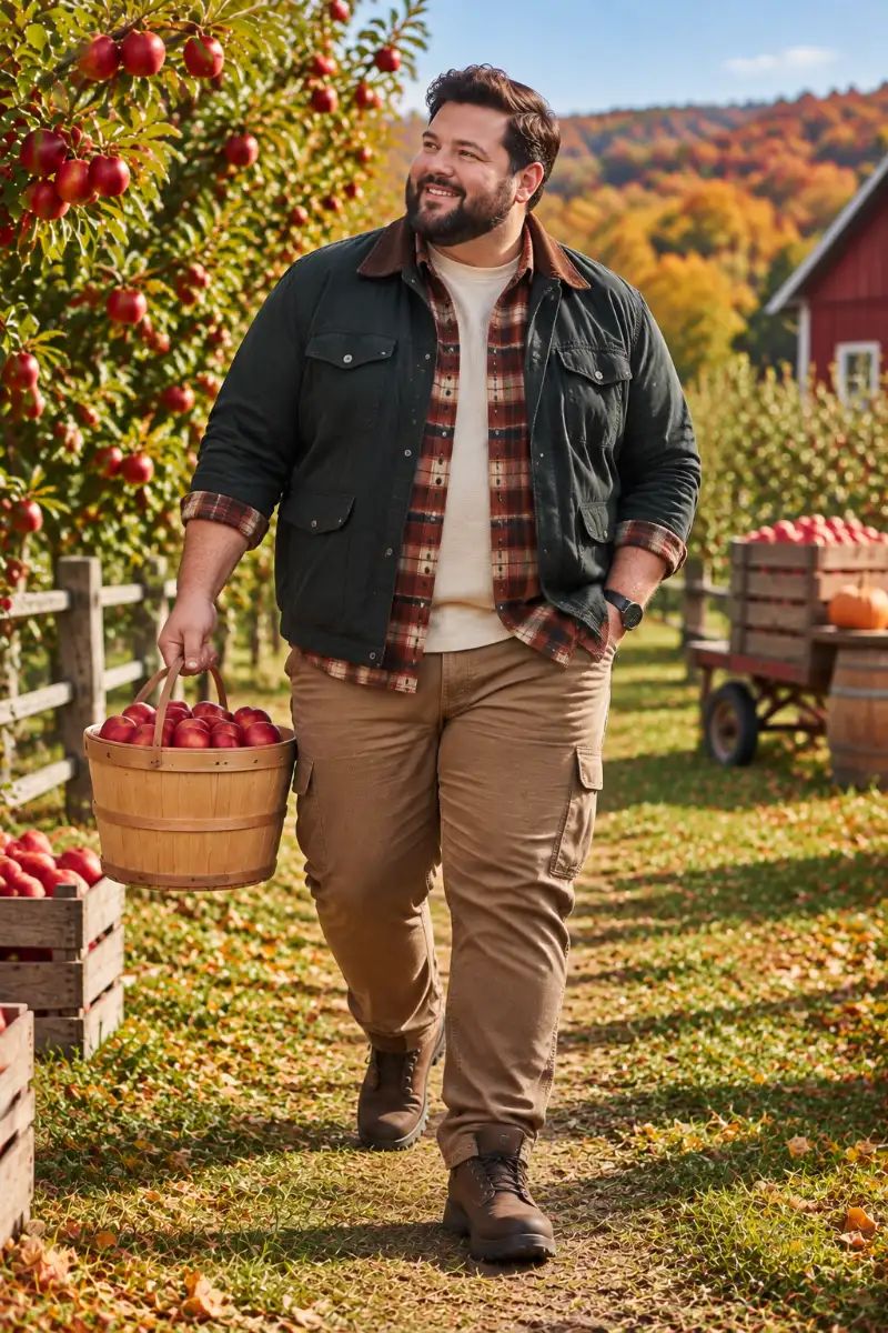 Dark Green Jacket, Plaid Shirt, Cream Sweater, Cargo Pants