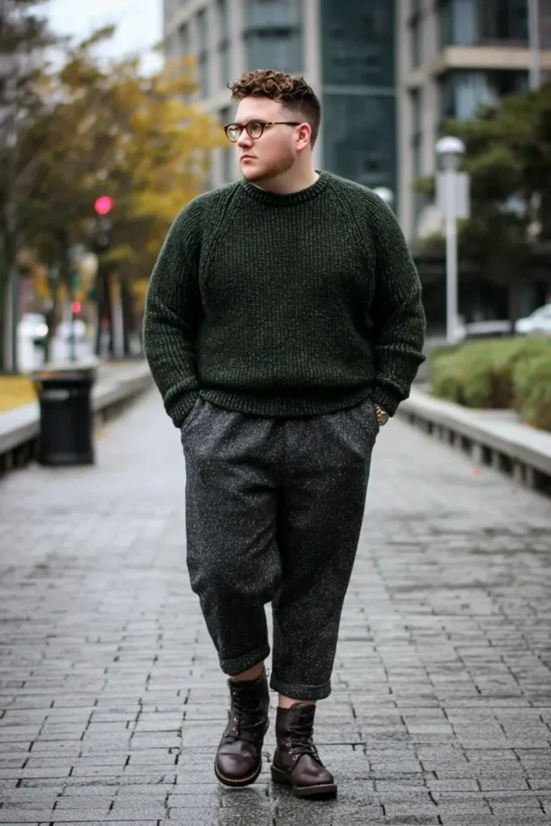 Dark Green Knit Sweater and Charcoal Patterned Trousers