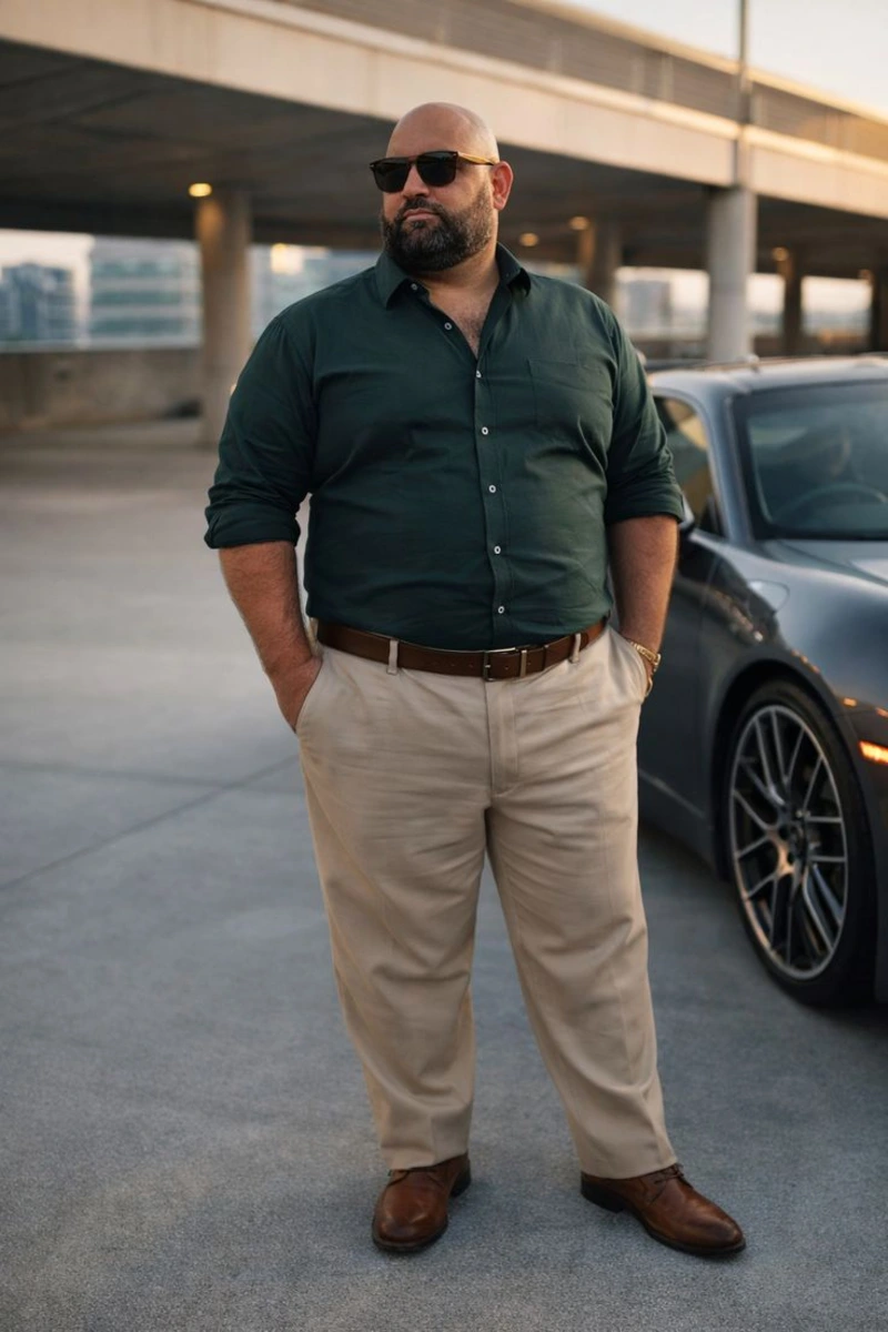 Dark Green Long-Sleeve Button-Up Shirt and Beige Chinos