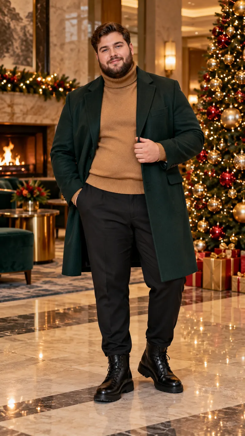 Dark Green Overcoat, Tan Turtleneck Sweater, Black Dress Trousers, and Lace-Up Boots