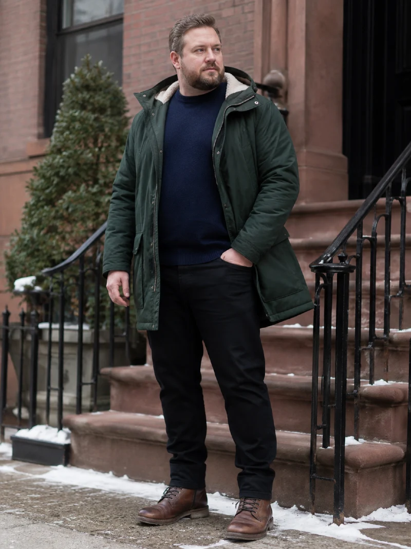 Dark Green Parka Jacket with Navy Sweater and Black Jeans