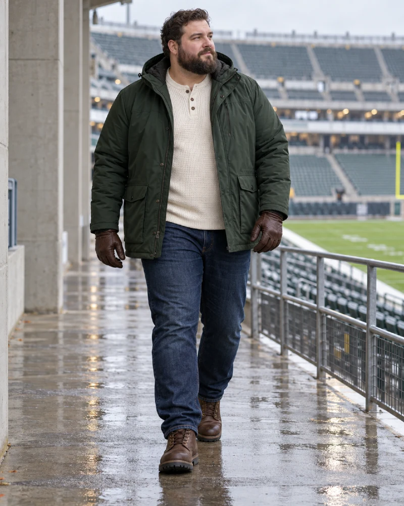 Dark Green Parka and Cream Henley Sweater for Rainy Football Games
