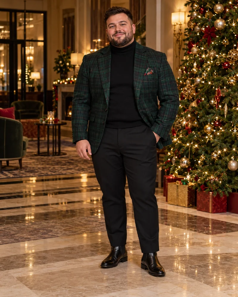 Dark Green Plaid Blazer With Black Turtleneck