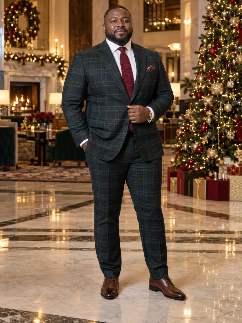 Dark Green Plaid Suit with Burgundy Knit Tie