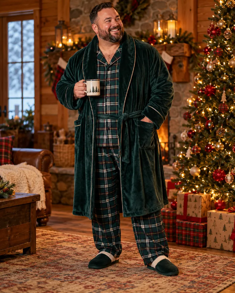 Dark Green Plush Robe, Plaid Pajama Set, and Cozy Slippers