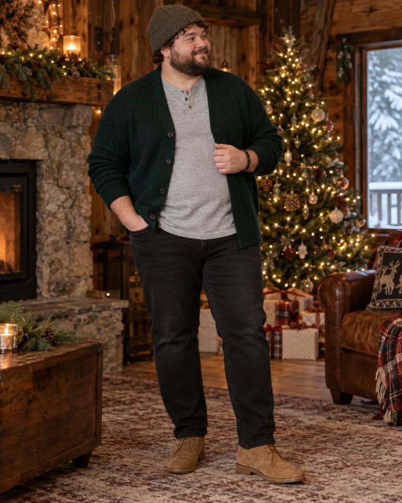 Dark Green Ribbed Cardigan with Heather Gray Henley, Black Jeans, Knit Beanie, and Suede Chukka Boots