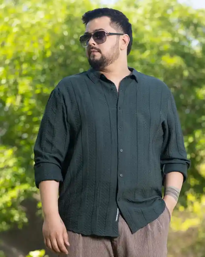 Dark Green Textured Button-Down and Brown Pants