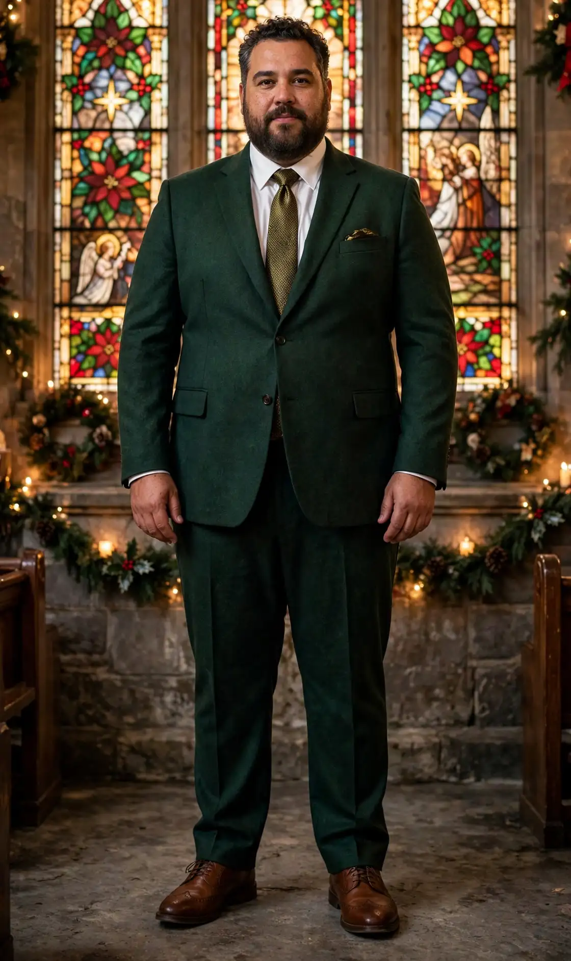 Dark Green Two-Piece Suit with White Dress Shirt, Olive Gold Tie, Pocket Square, and Brown Dress Shoes