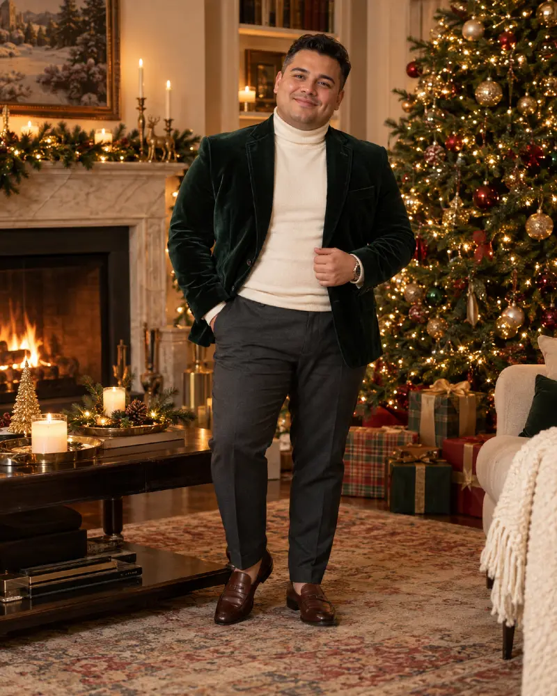 Dark Green Velvet Blazer with Cream Turtleneck, Charcoal Trousers, and Brown Leather Loafers