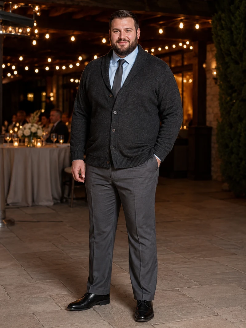 Dark Grey Cardigan, Dress Shirt, and Trousers