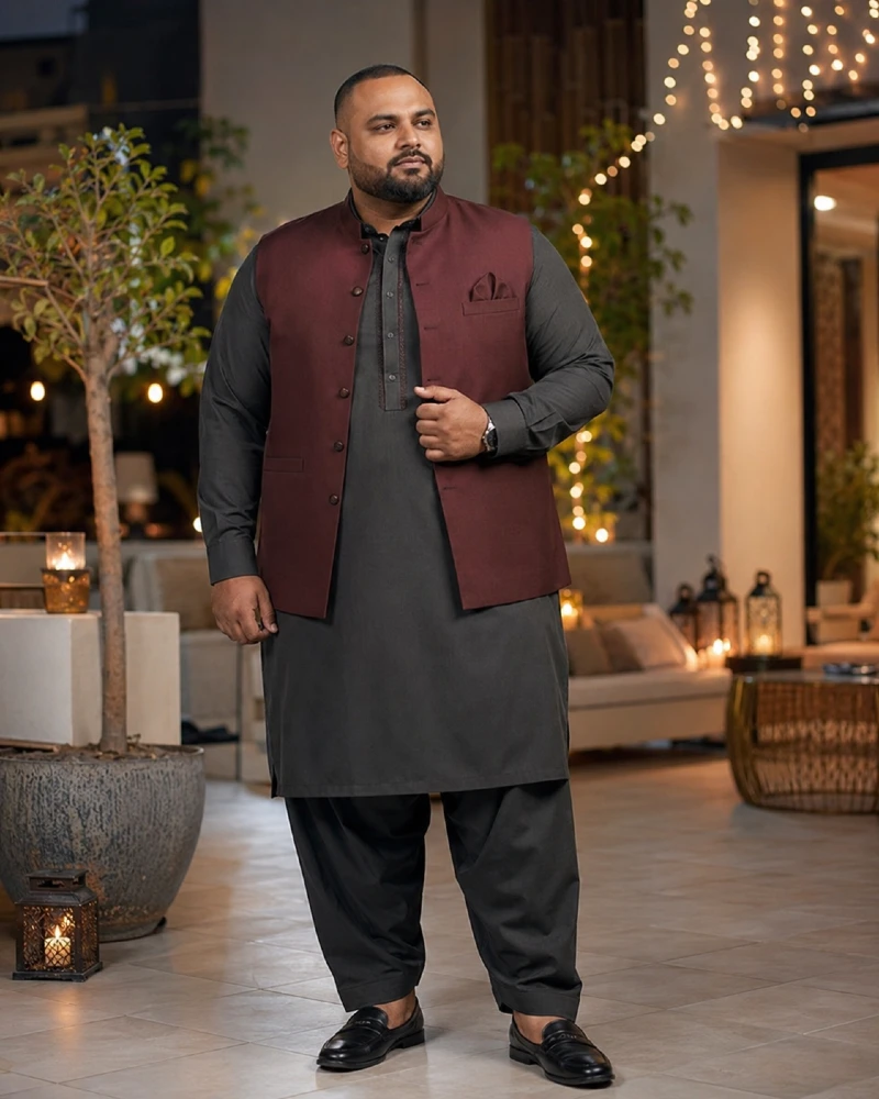 Dark Grey Shalwar Kameez with Maroon Waistcoat