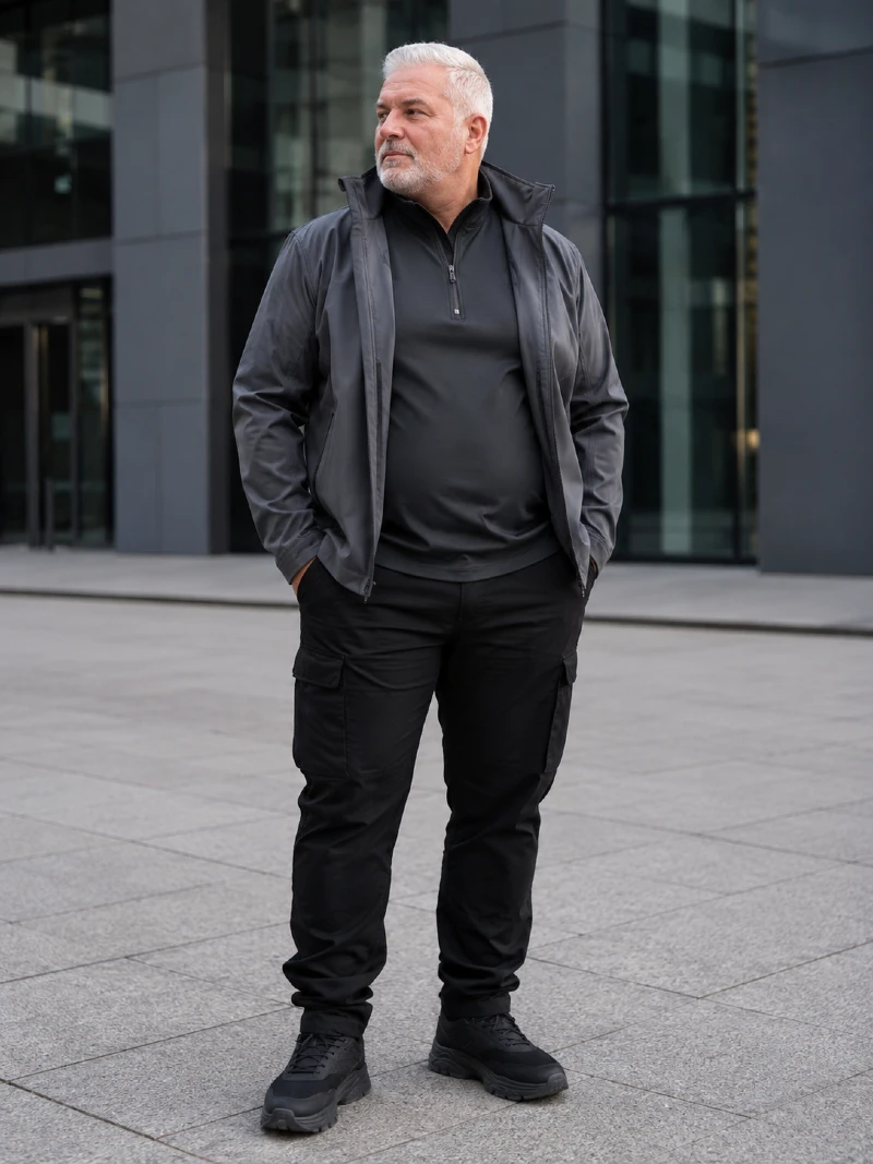 Dark Grey Softshell Jacket and Quarter-Zip Pullover with Black Cargo Pants