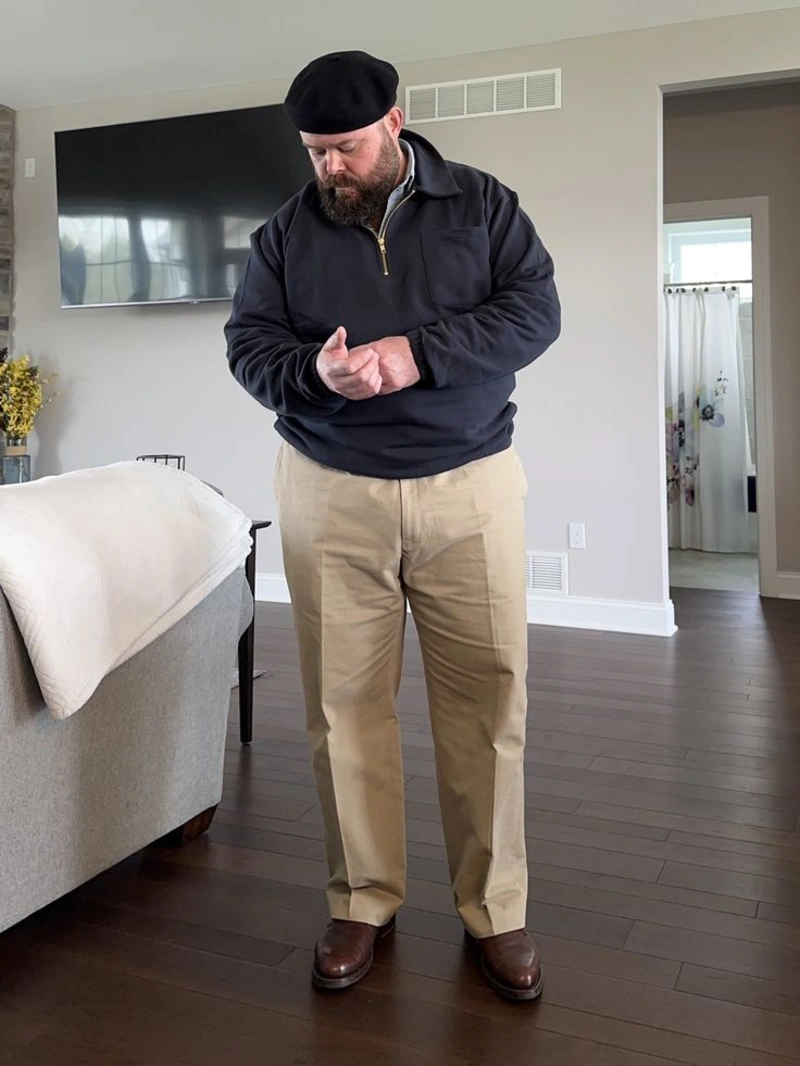 Dark Half-Zip Pullover and Khaki Trousers