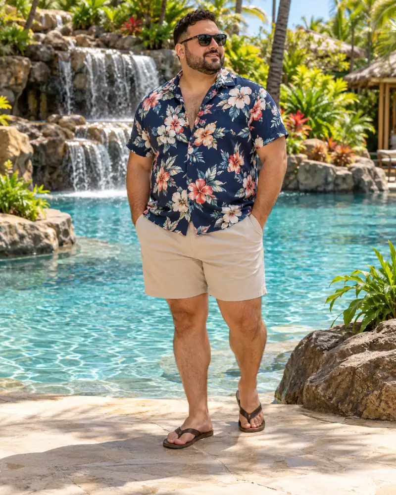 Dark Navy Floral Shirt With Light Sand Shorts