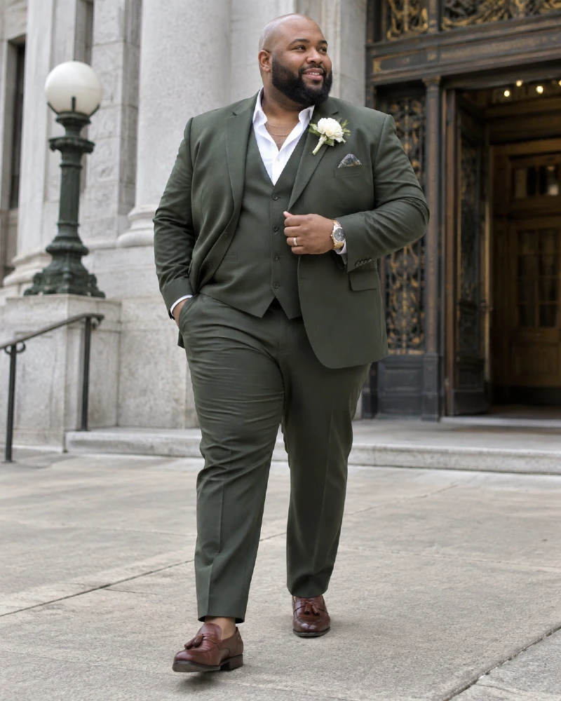 Dark Olive Three Piece Suit with Tassel Loafers