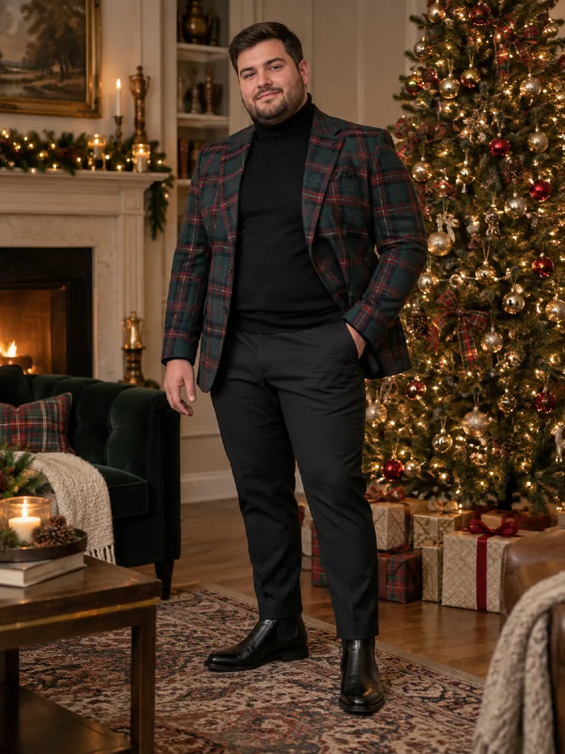 Dark Plaid Tailored Blazer with Turtleneck and Chelsea Boots