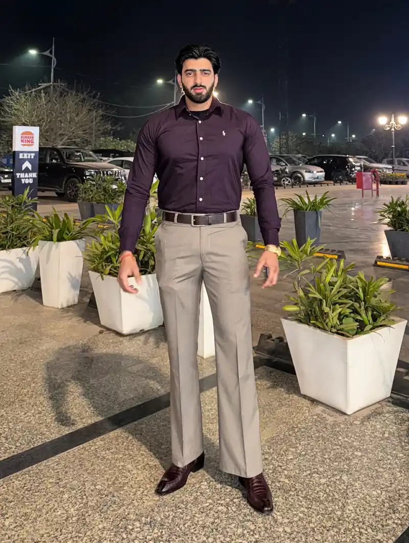 Dark Purple Button-Down Shirt and Khaki Dress Trousers