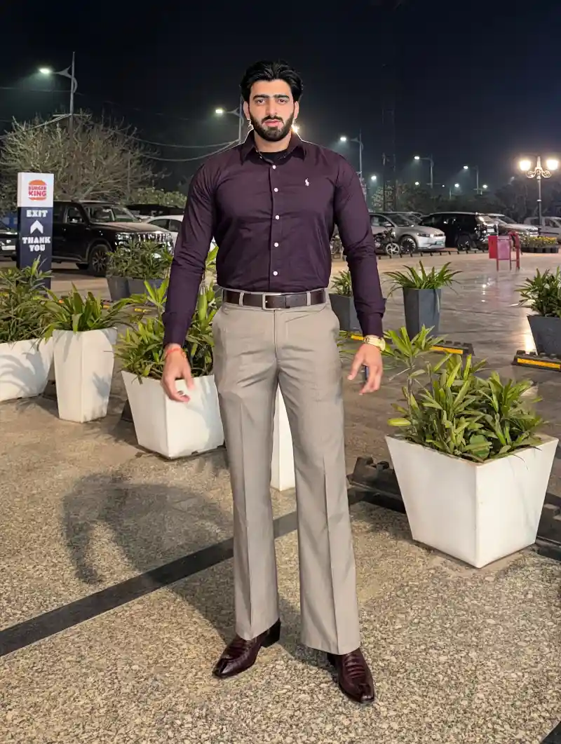 Dark Purple Button-Down and Light Trousers