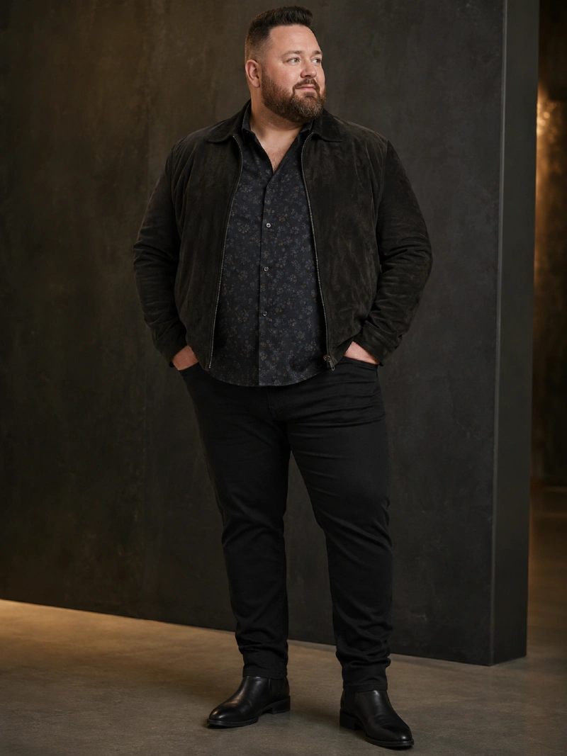 Dark Suede Jacket, Floral Button-Down Shirt, and Black Trousers