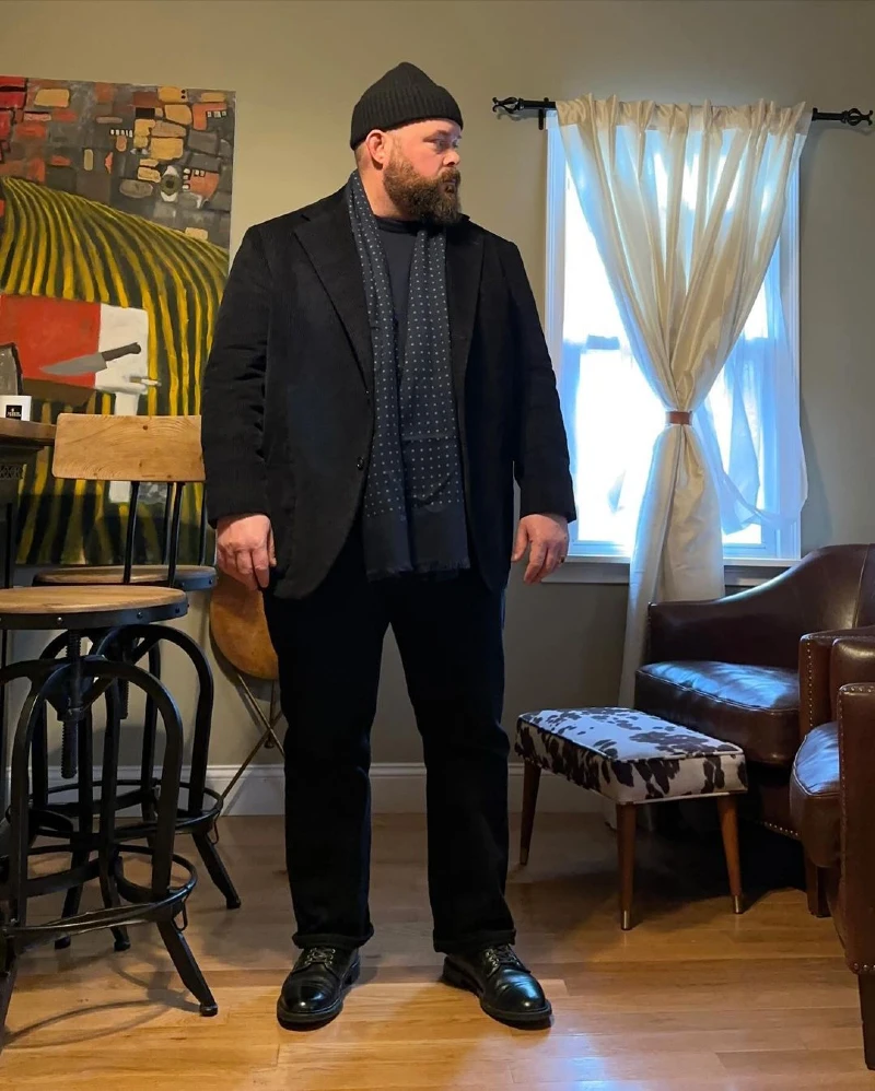 Dark Tailored Blazer & Patterned Scarf
