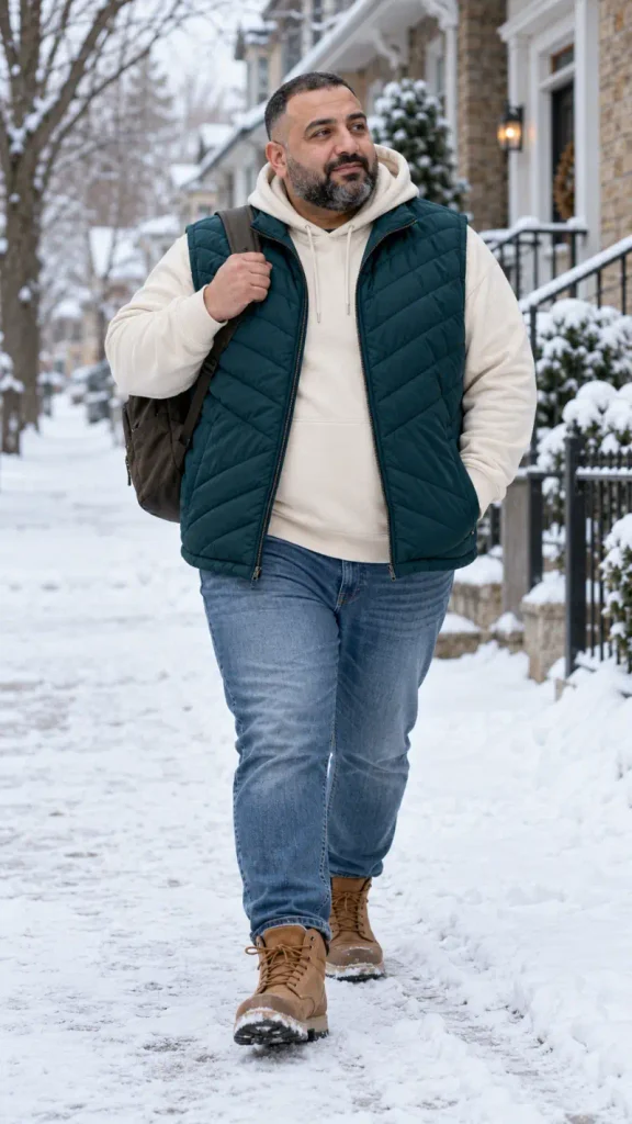 Dark Teal Quilted Vest and Cream Hoodie