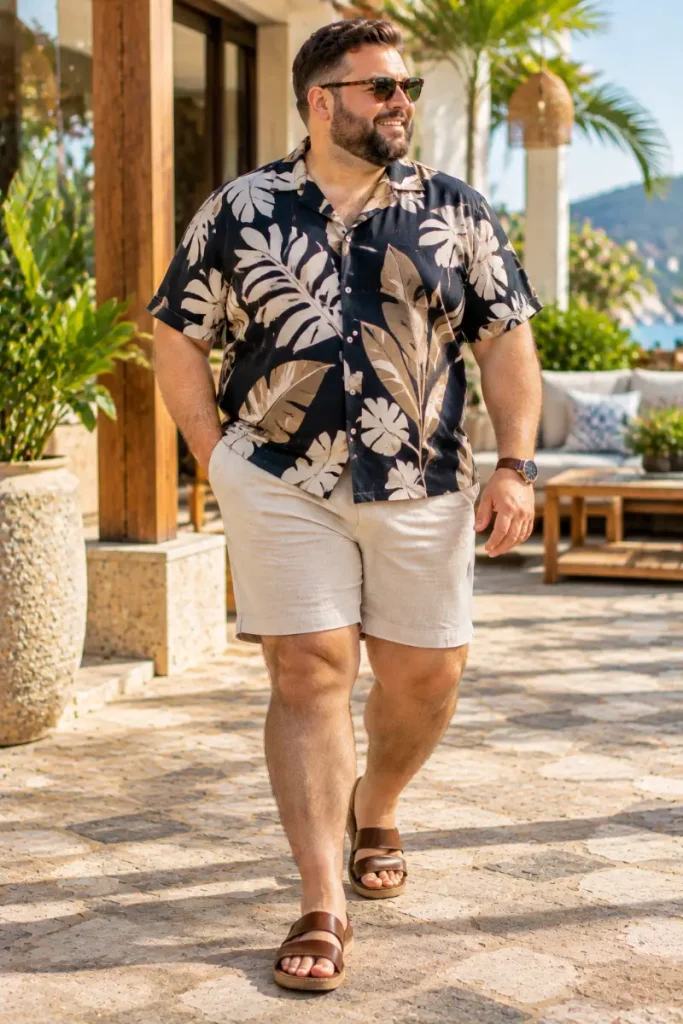 Dark Tropical Print Shirt with Beige Linen Shorts