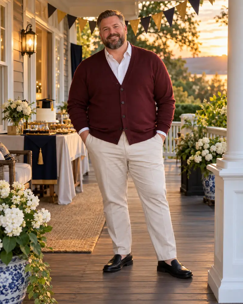 Deep Burgundy Cardigans and Crisp Whites for Porch Celebrations