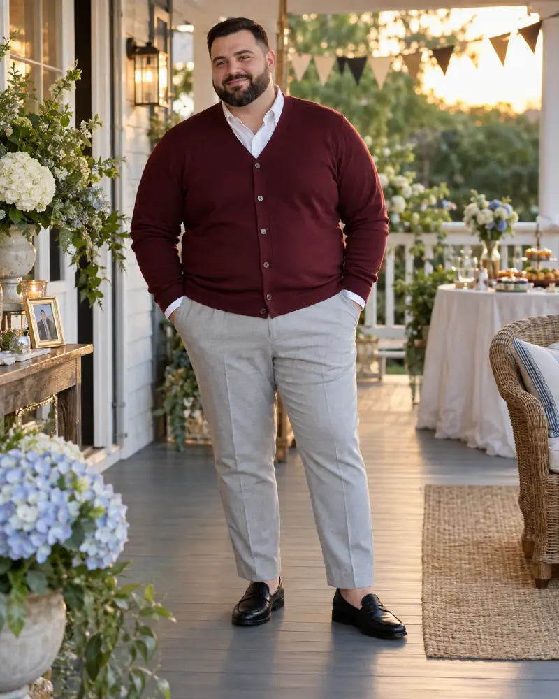 Deep Burgundy Cardigans and Light Trousers for Porch Gatherings
