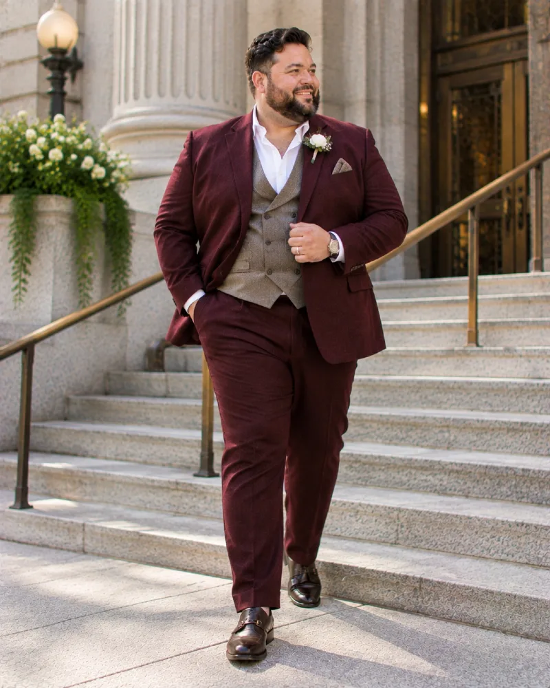 Deep Burgundy Suit with Contrasting Taupe Vest