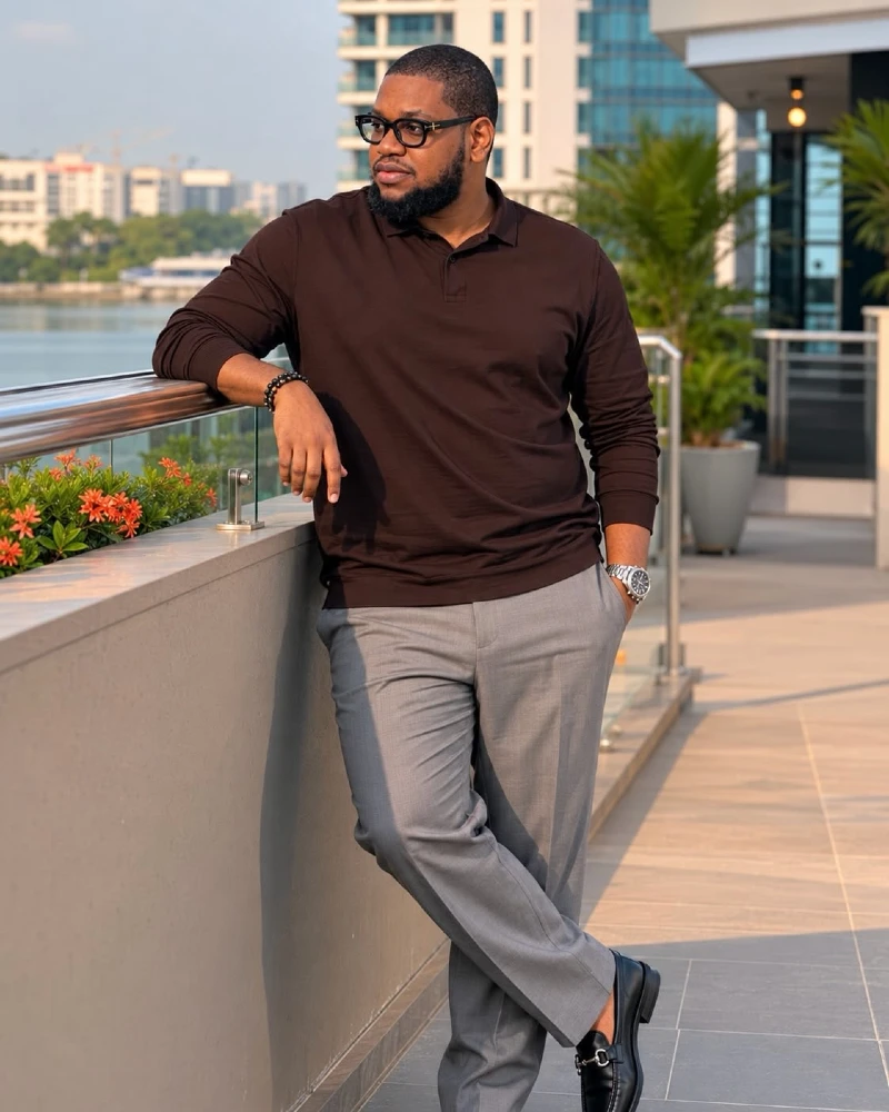 Deep Chocolate Polo and Crisp Grey Slacks
