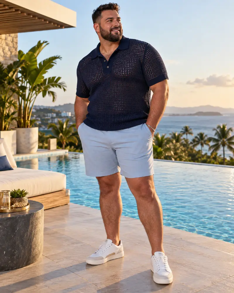 Deep Navy Knit Polo With Soft Blue Shorts