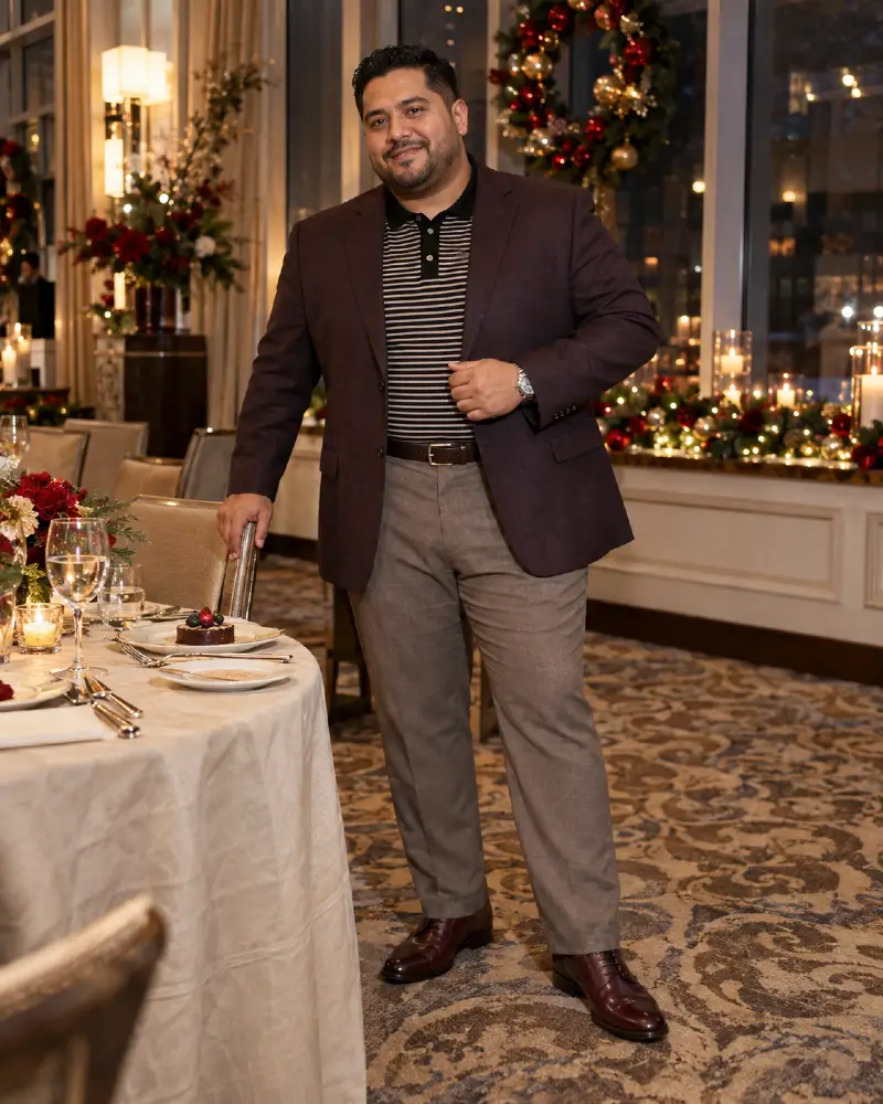 Deep Plum Blazer and Striped Polo Combination