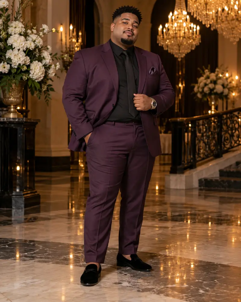 Deep Plum Suit With Black Shirt And Crystal Chandeliers