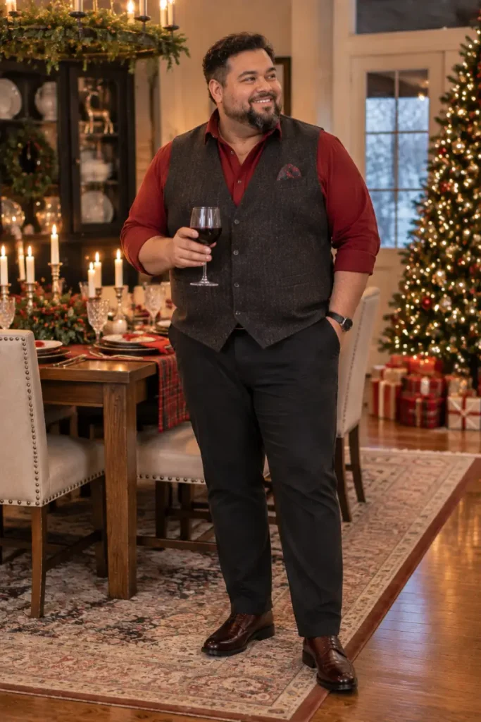 Deep Red Button Down And Charcoal Vest