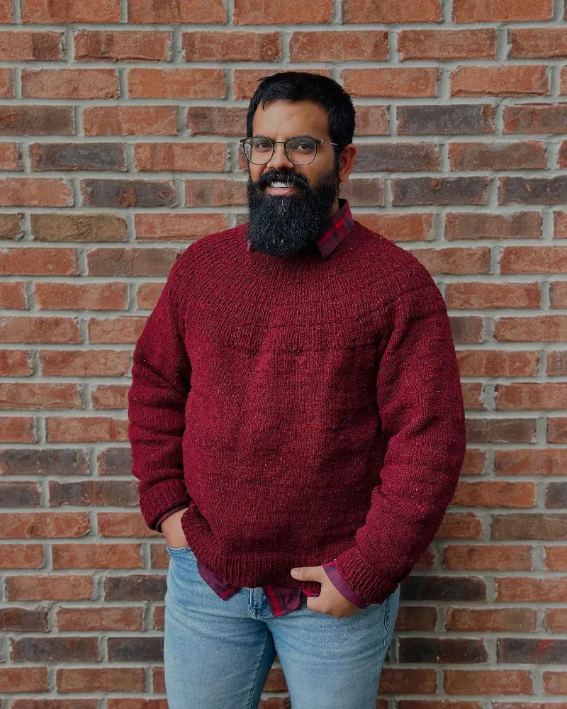 Deep Red Yoke Sweater with Plaid Collar