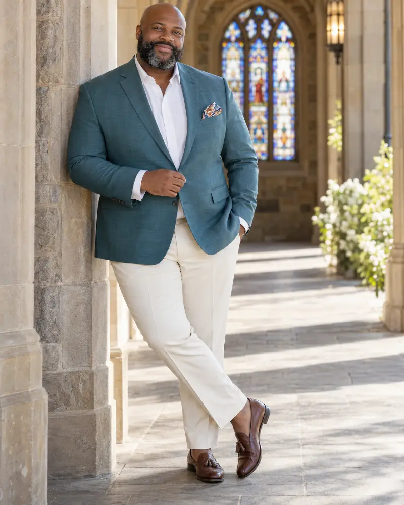 Deep Teal Blazer And Cream Trousers