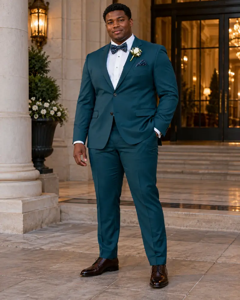 Deep Teal Suit With Patterned Bow Tie And Stone Portico