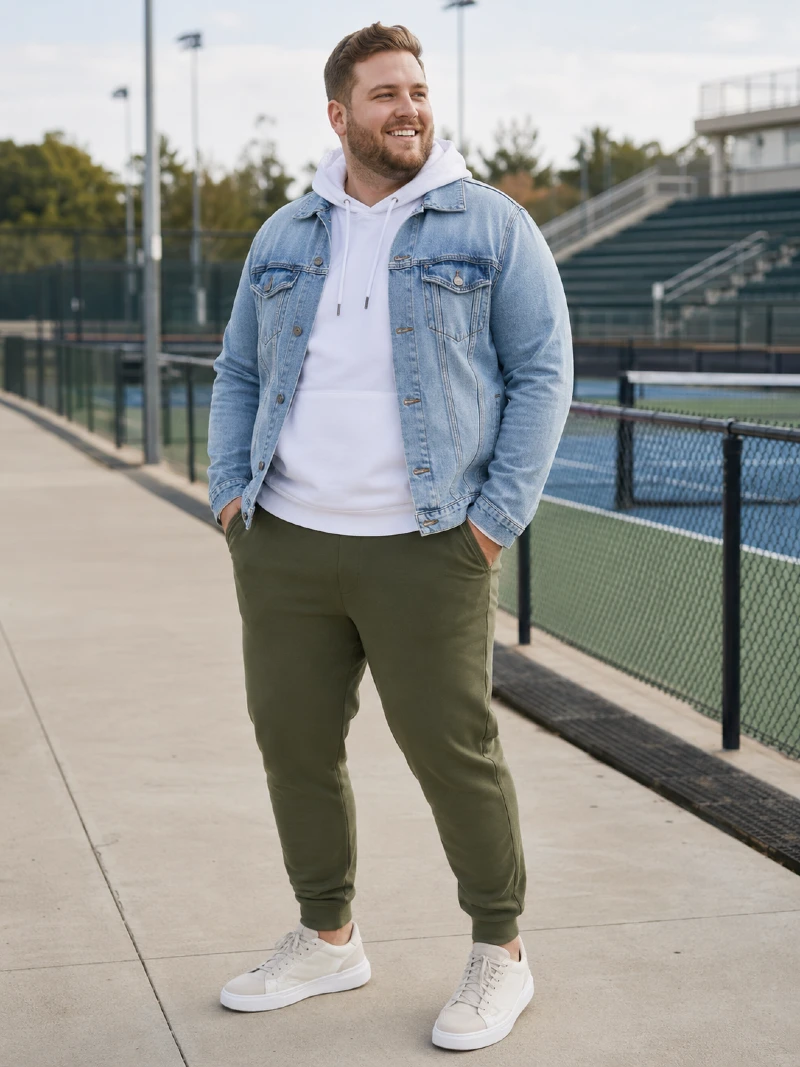 Denim Jacket and Olive Joggers Outfit