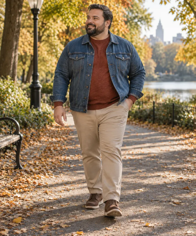 Denim Jacket with Rust Sweater, Beige Pants