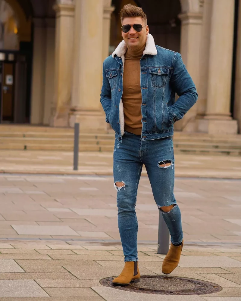Denim Jacket with Shearling Collar and Distressed Jeans