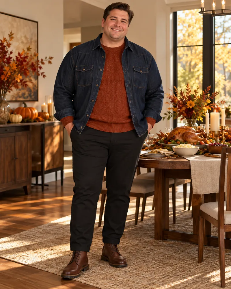 Denim Overshirt and Rust Crewneck